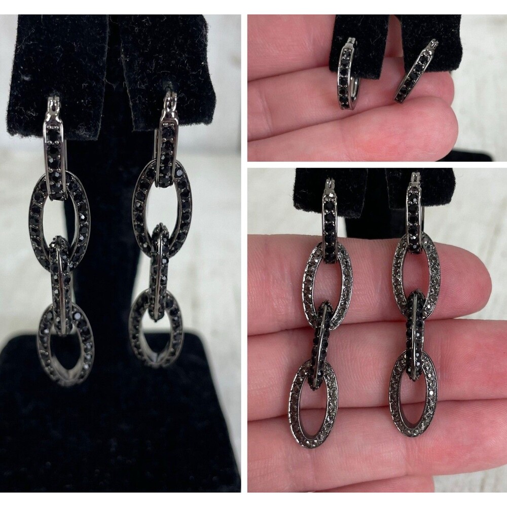 Sparkling Silver Black Crystal Dangle Earrings - Can Be Worn 3 Ways